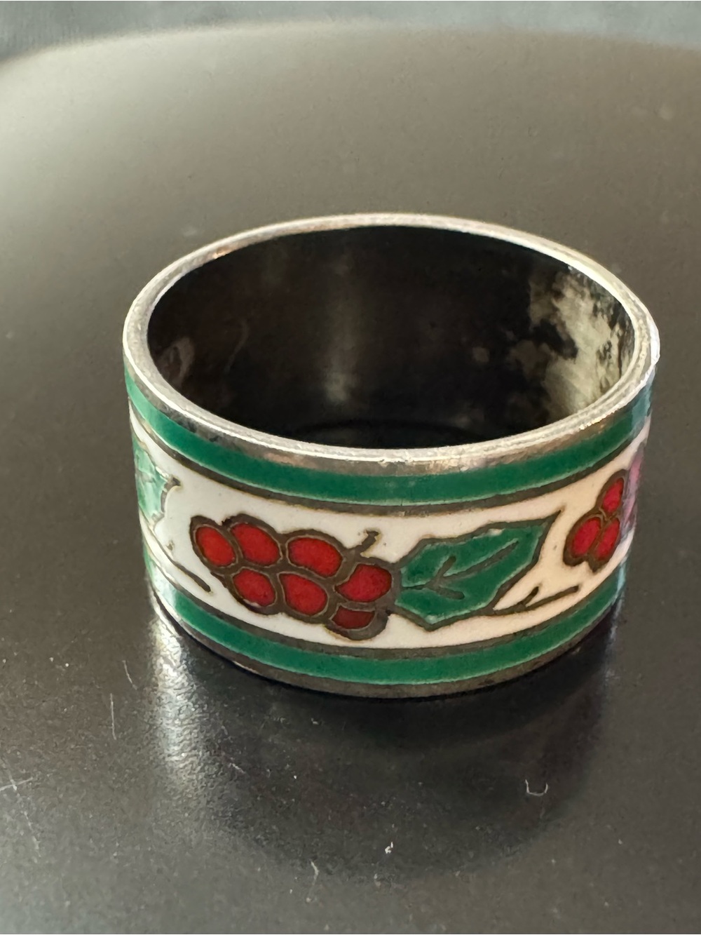 Vintage Finland Sterling Silver Enamel Ring Berry Floral Band Size 6.5